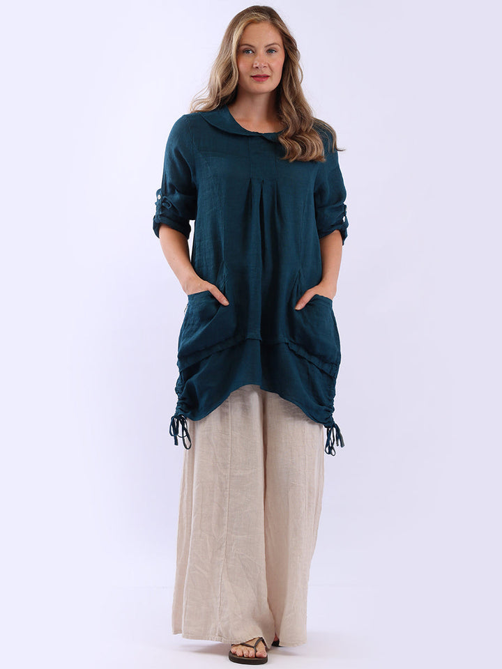 Peter Pan Collar Linen Top Teal