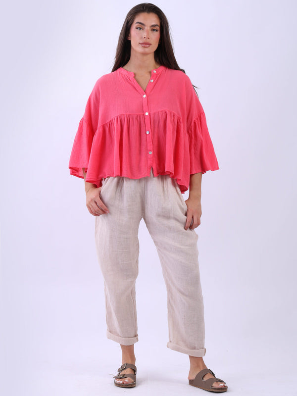 Button Down Peplum Top Coral