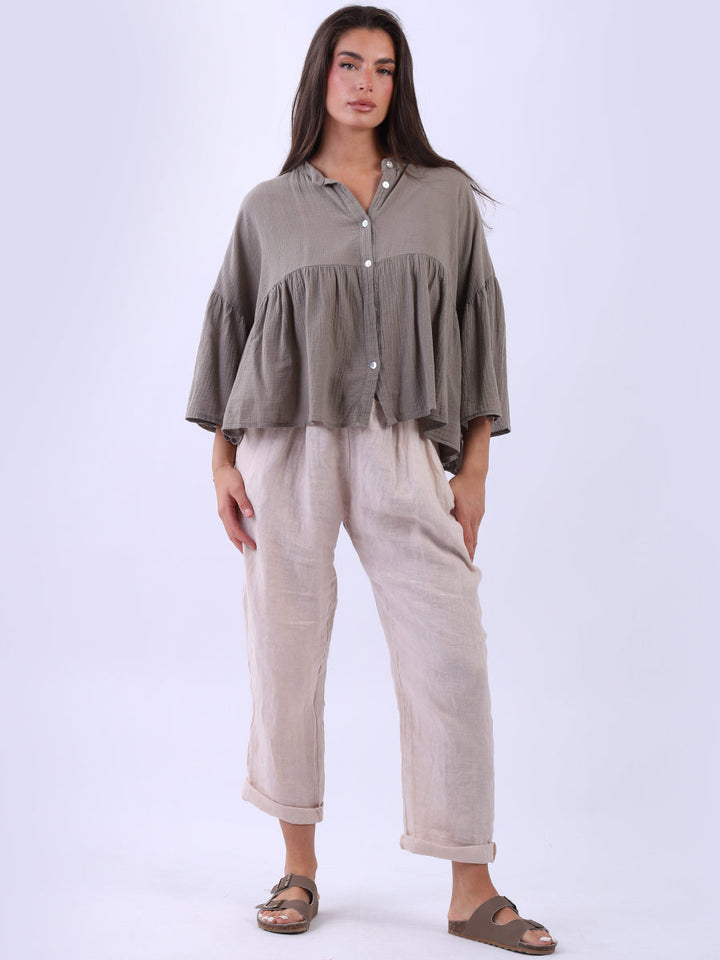 Button Down Peplum Top Mocha