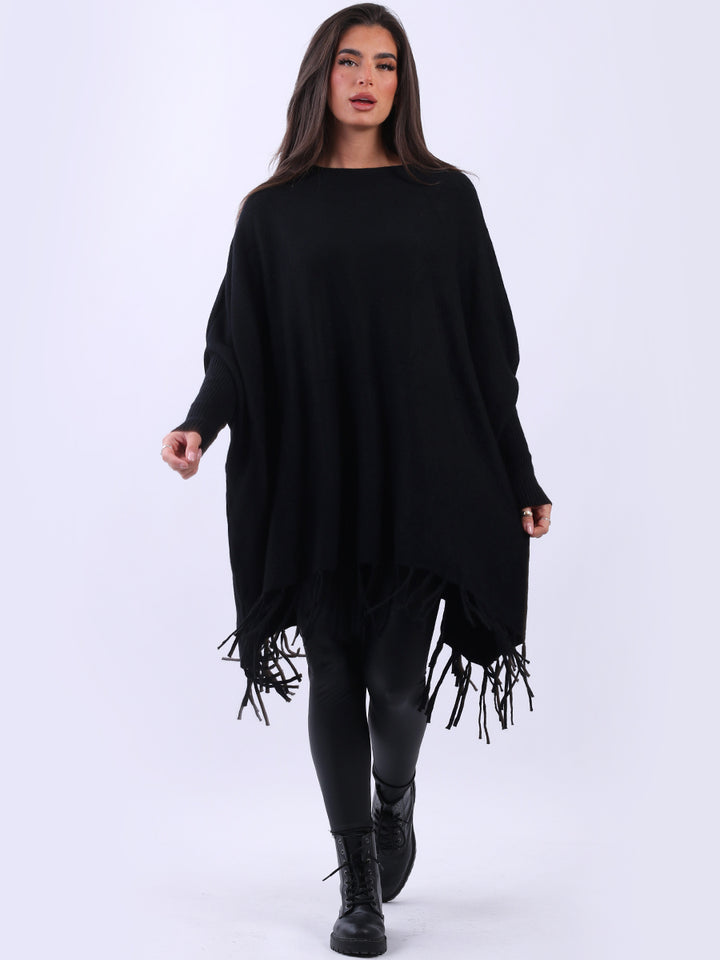Fringed Knit Tunic Poncho Black