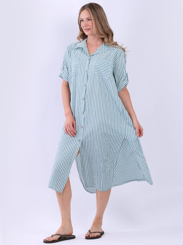 Plus Size Cotton Stripe Shirt Ocean Blue