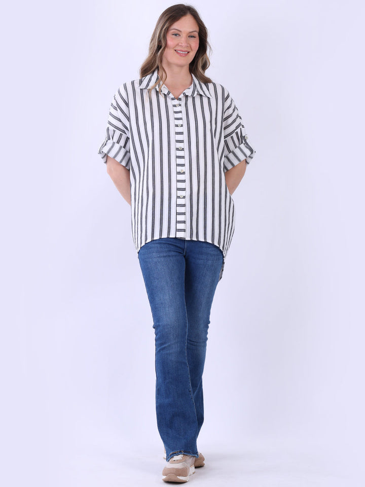 Plus Size Stripy Cotton Shirt Charcoal