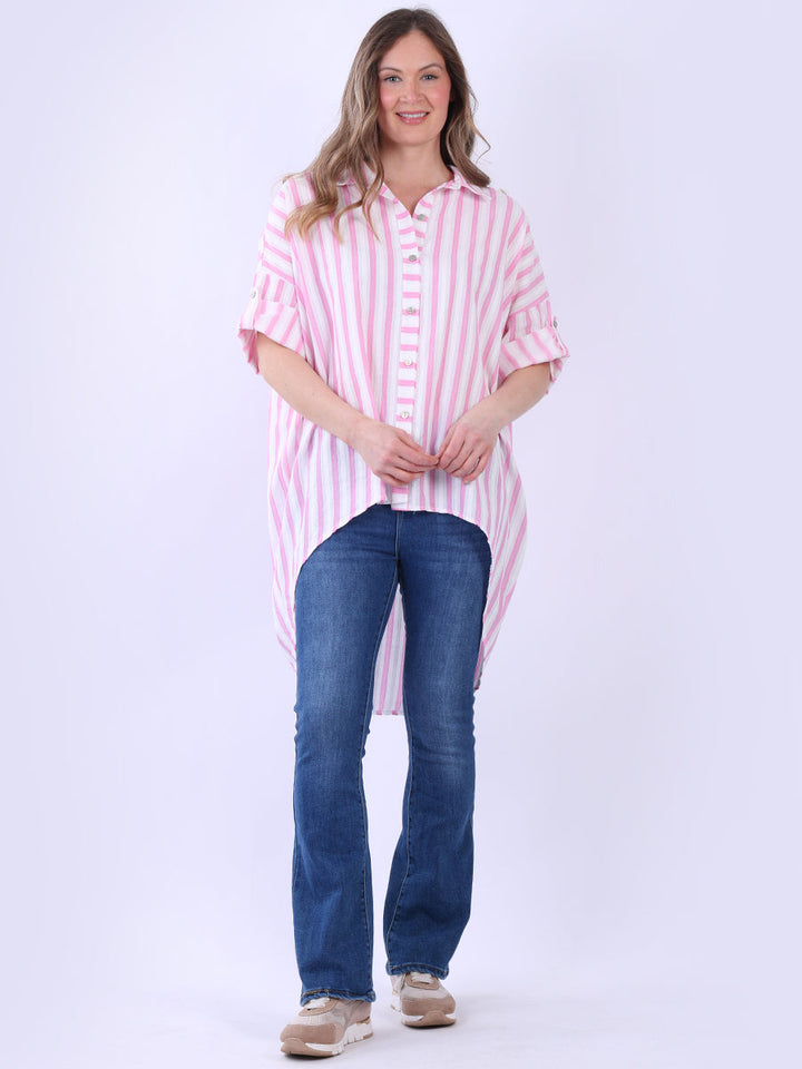 Plus Size Stripy Cotton Shirt Pink