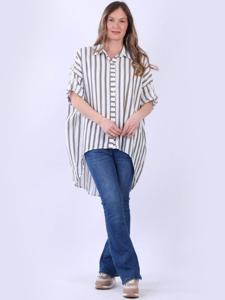 Plus Size Stripy Cotton Shirt Khaki