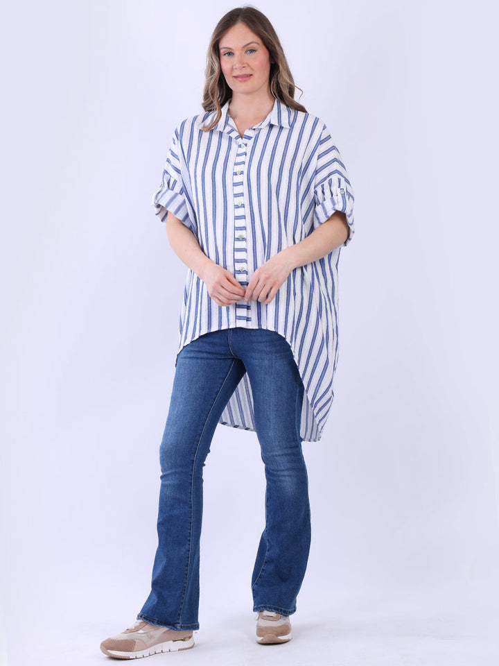 Plus Size Stripy Cotton Shirt Navy