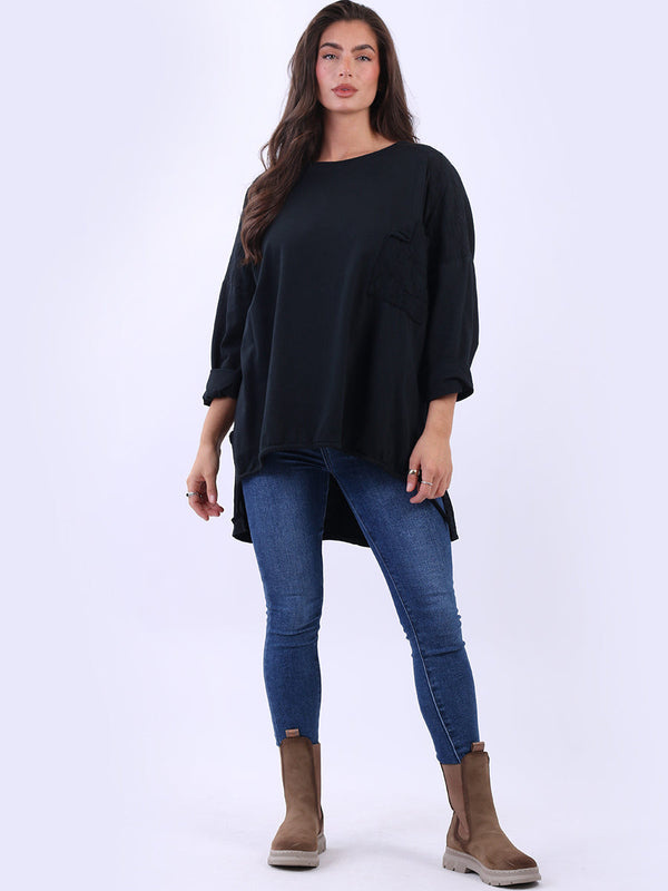 Batwing Embroidered Cotton Top Black