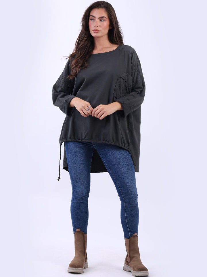 Batwing Embroidered Cotton Top Charcoal