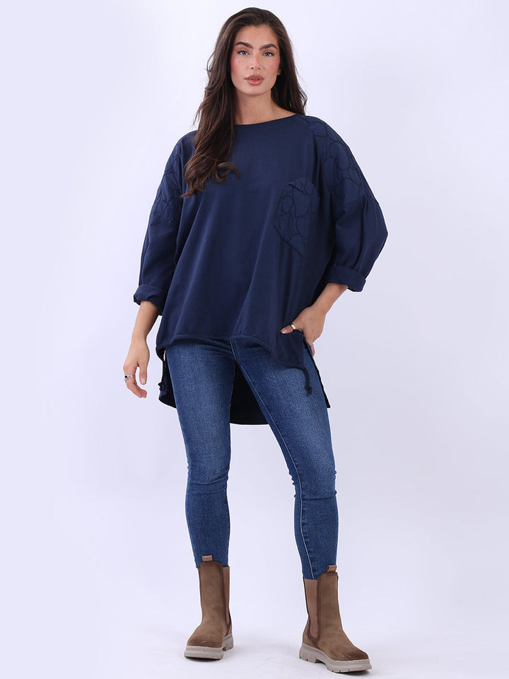 Batwing Embroidered Cotton Top Navy