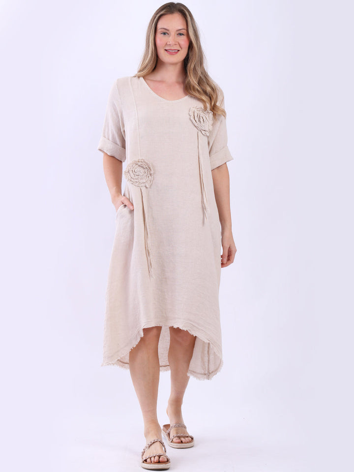 Plus Size Flower Applique Linen Dress Beige