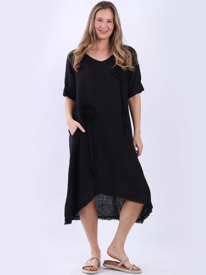 Plus Size Flower Applique Linen Dress Black