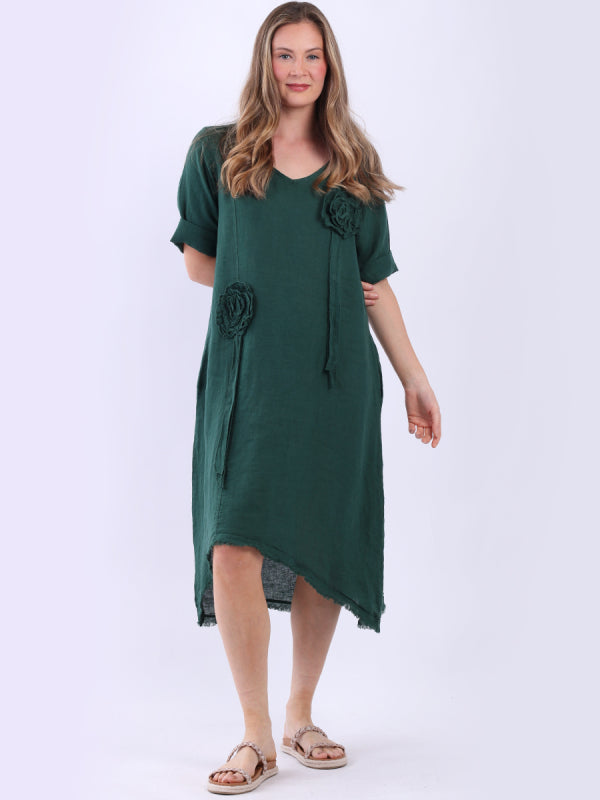 Plus Size Flower Applique Linen Dress Bottle Green