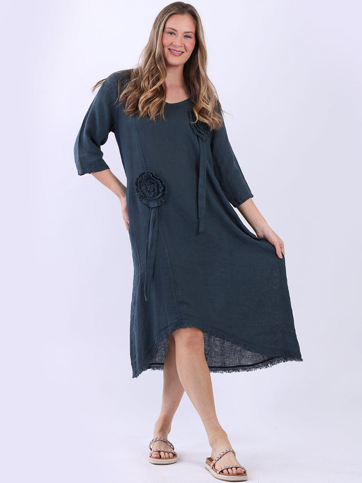 Plus Size Flower Applique Linen Dress Charcoal