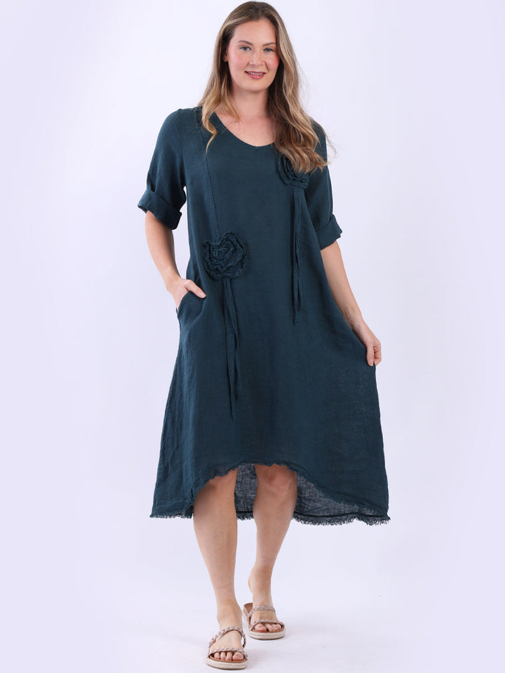 Plus Size Flower Applique Linen Dress Teal