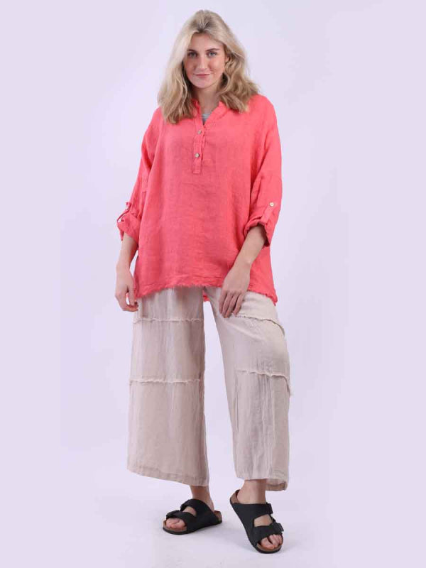 Raw Edge Baggy Linen Shirt Coral