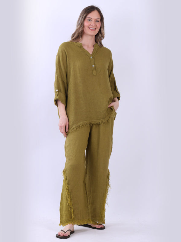 Raw Edge Baggy Linen Shirt Olive
