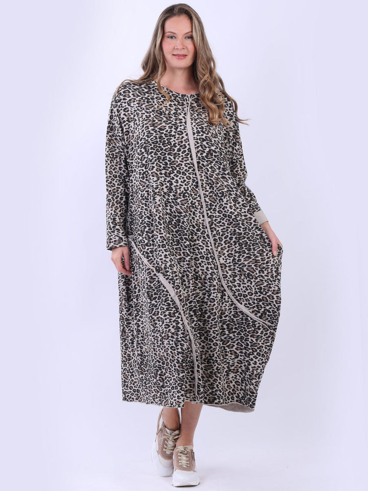 Plus Size Leopard Cotton Dress Beige