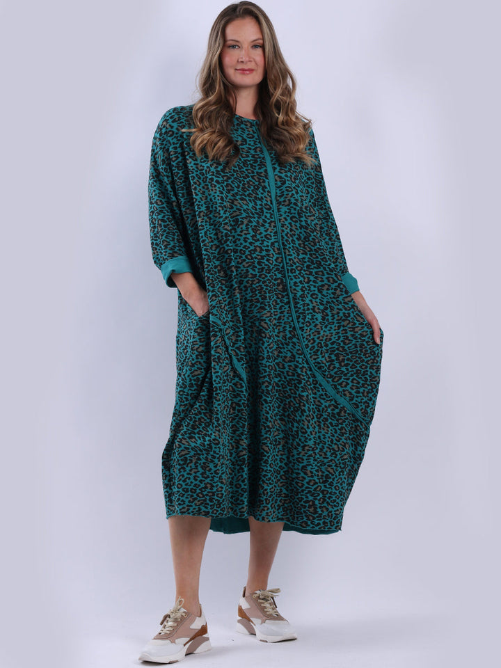 Plus Size Leopard Cotton Dress Teal