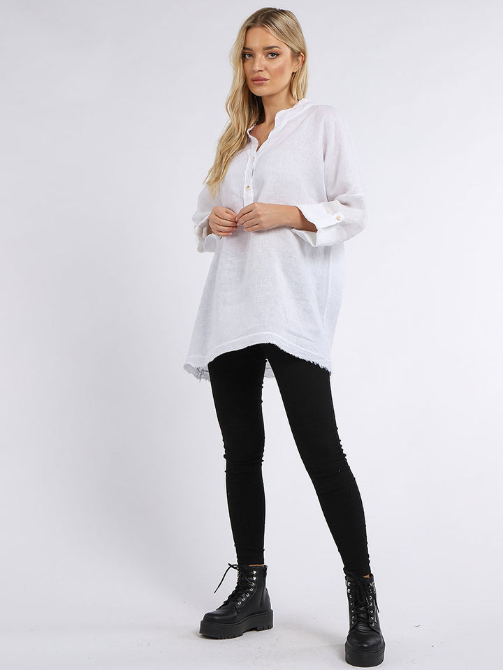 Raw Edge Baggy Linen Shirt White