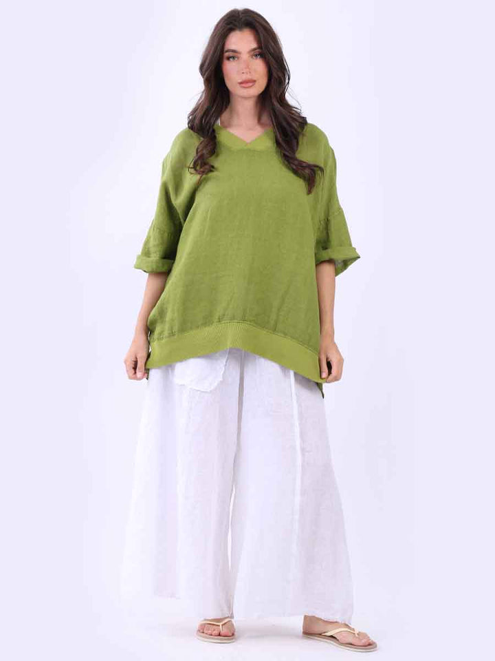 Oversized Solid Linen Top Olive