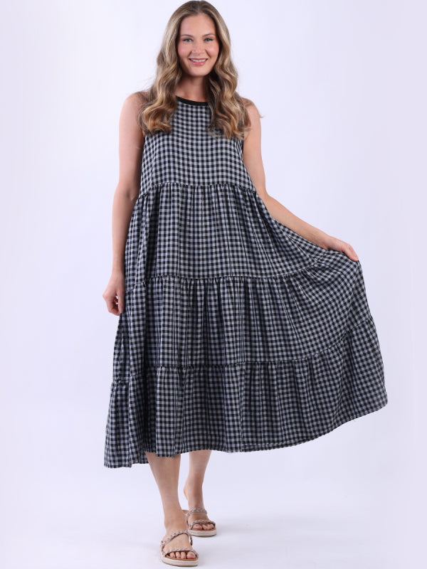Sleeveless Cotton Gingham Dress Black