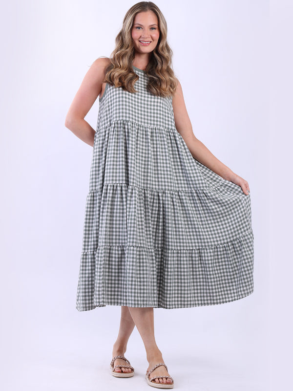 Sleeveless Cotton Gingham Dress Khaki