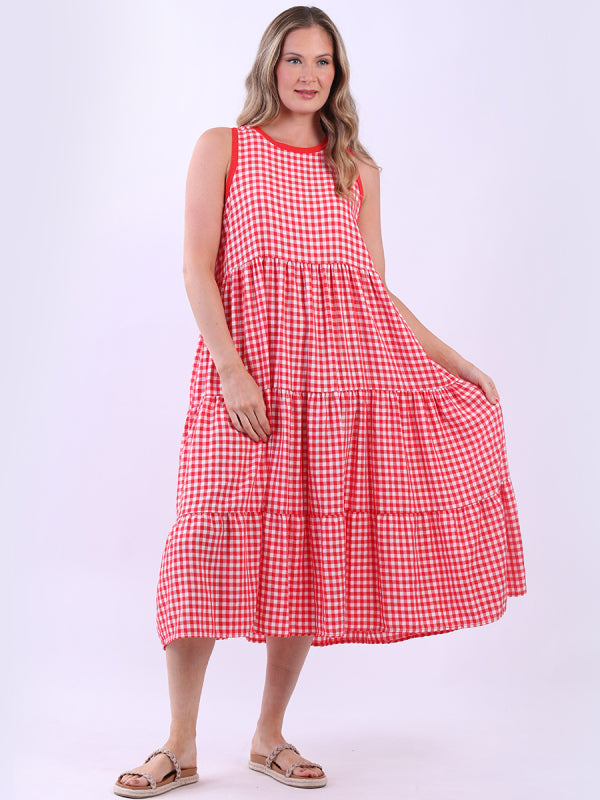 Sleeveless Cotton Gingham Dress Red