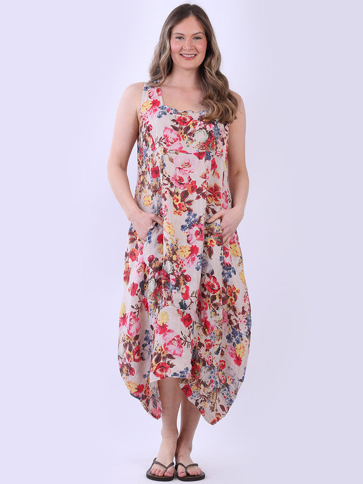 Sleeveless Floral Linen Dress Beige