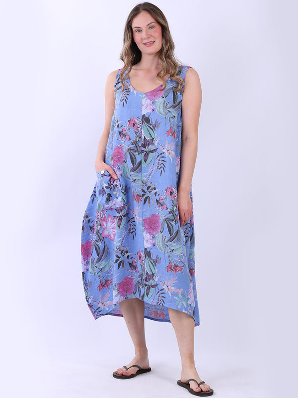 Sleeveless Floral Linen Dress Denim