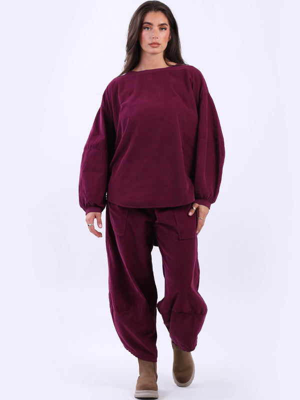 Cotton Corduroy Batwing Top Wine