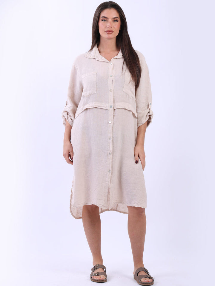 Solid Linen Shirt Dress-Beige
