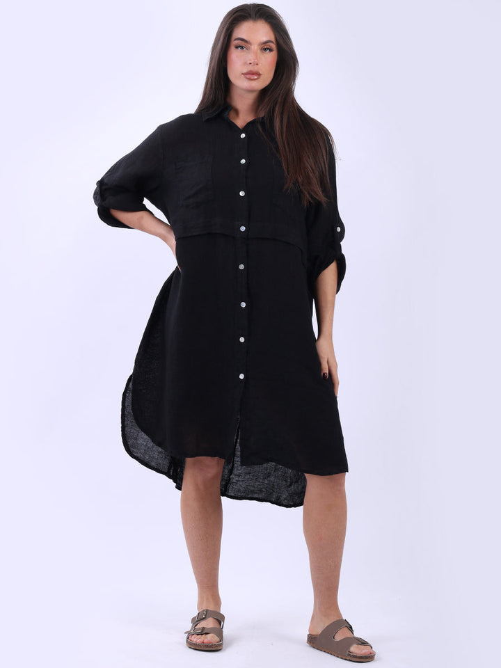 Solid Linen Shirt Dress-Black