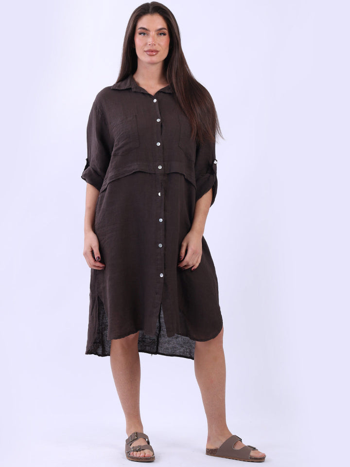 Solid Linen Shirt Dress-Chocolate