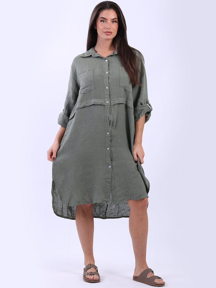 Solid Linen Shirt Dress-Khaki