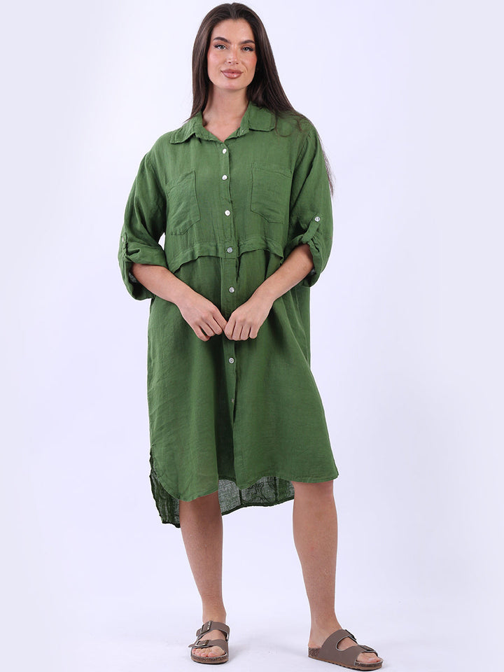 Solid Linen Shirt Dress-Olive