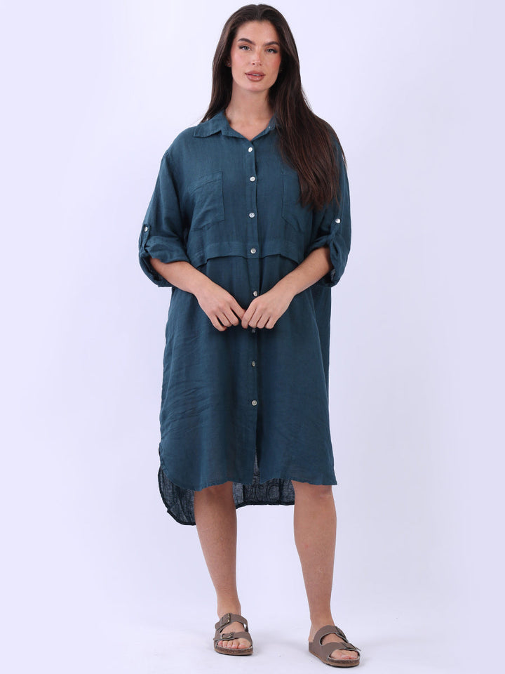Solid Linen Shirt Dress-Teal