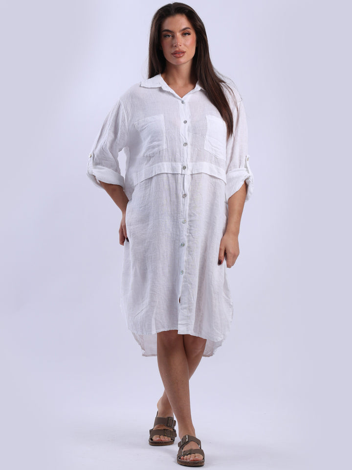 Solid Linen Shirt Dress White