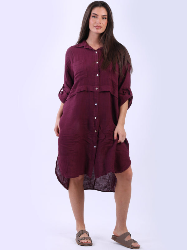 Solid Linen Shirt Dress Wine