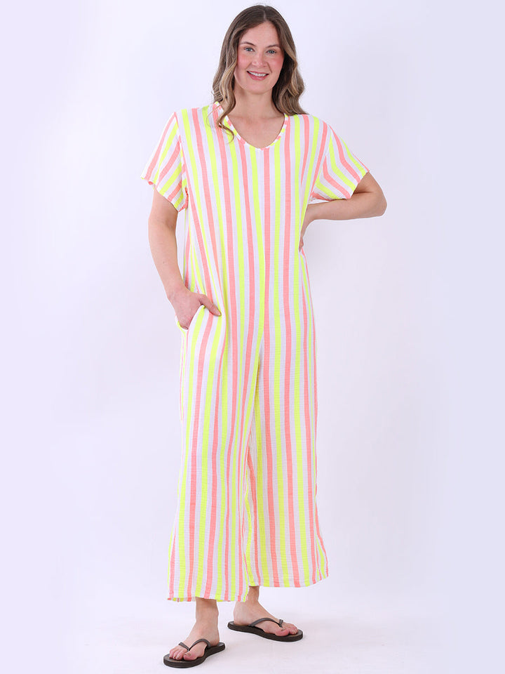 Stripe Print Cotton Jumpsuit Coral