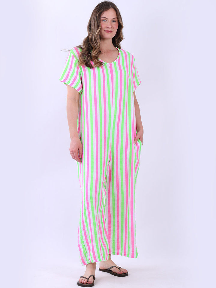 Stripe Print Cotton Jumpsuit Fuchsia