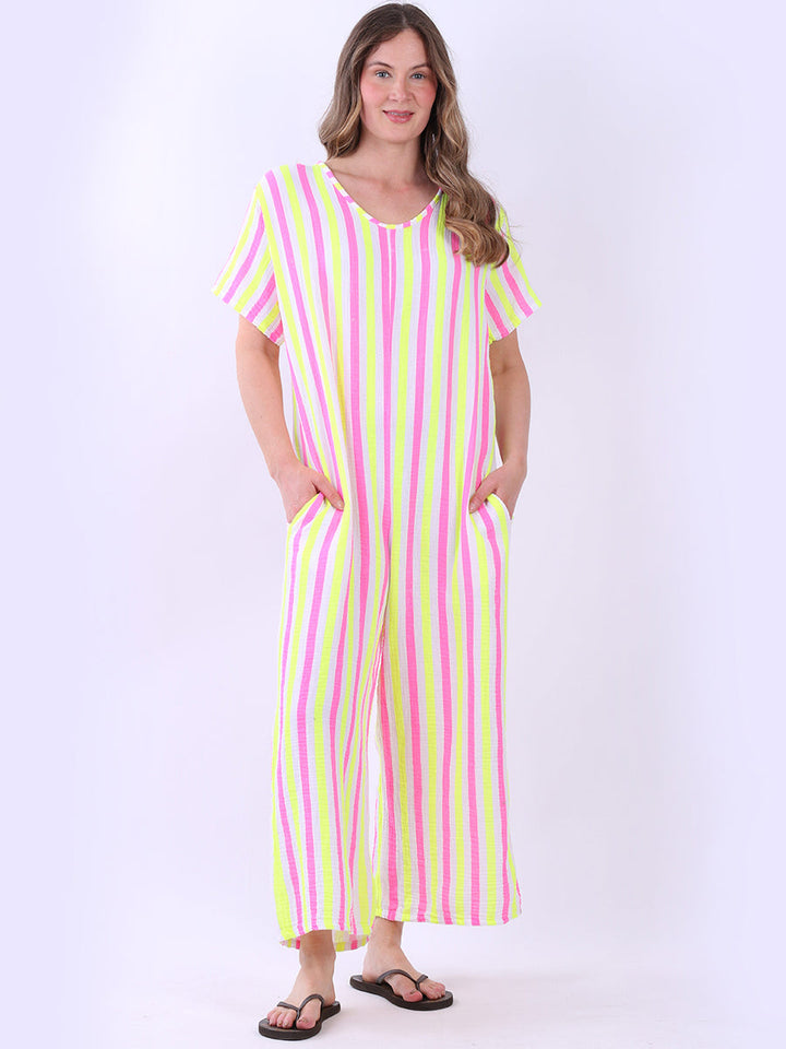 Stripe Print Cotton Jumpsuit Yellow