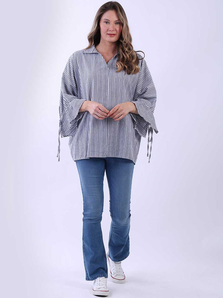 Stripy Batwing Cotton Shirt Charcoal