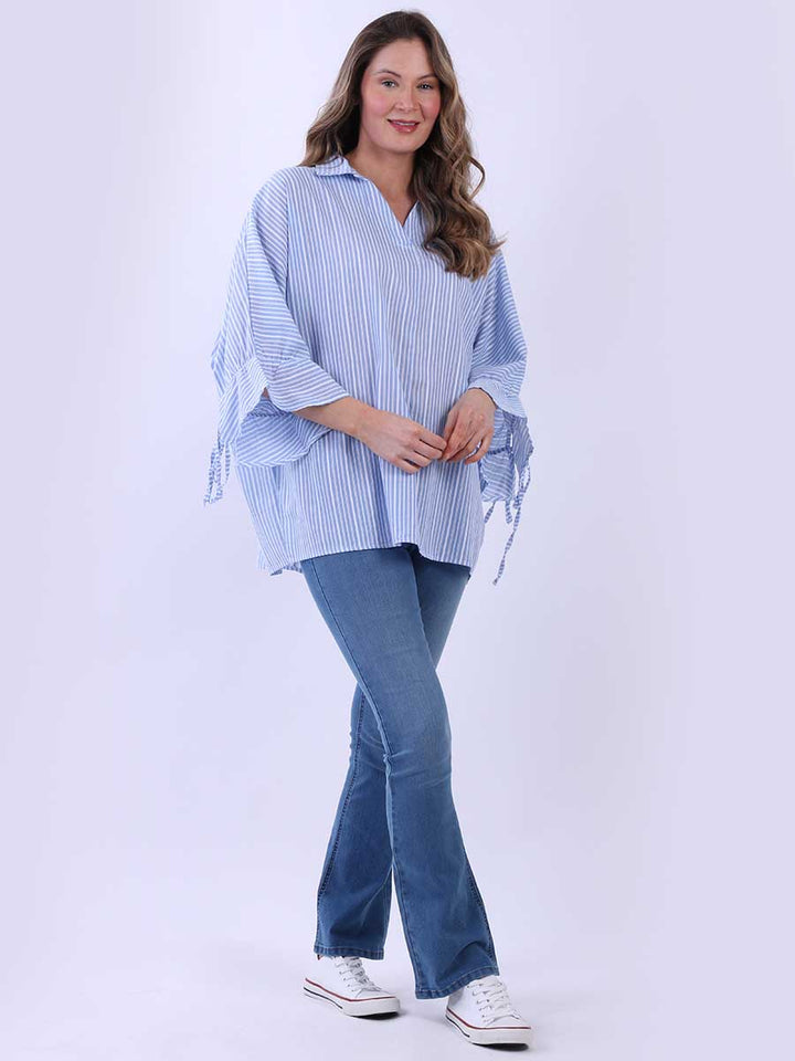Stripy Batwing Cotton Shirt Denim