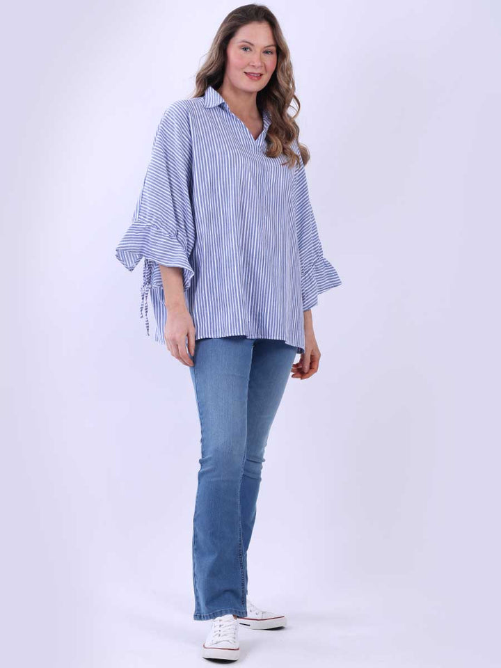 Stripy Batwing Cotton Shirt Navy