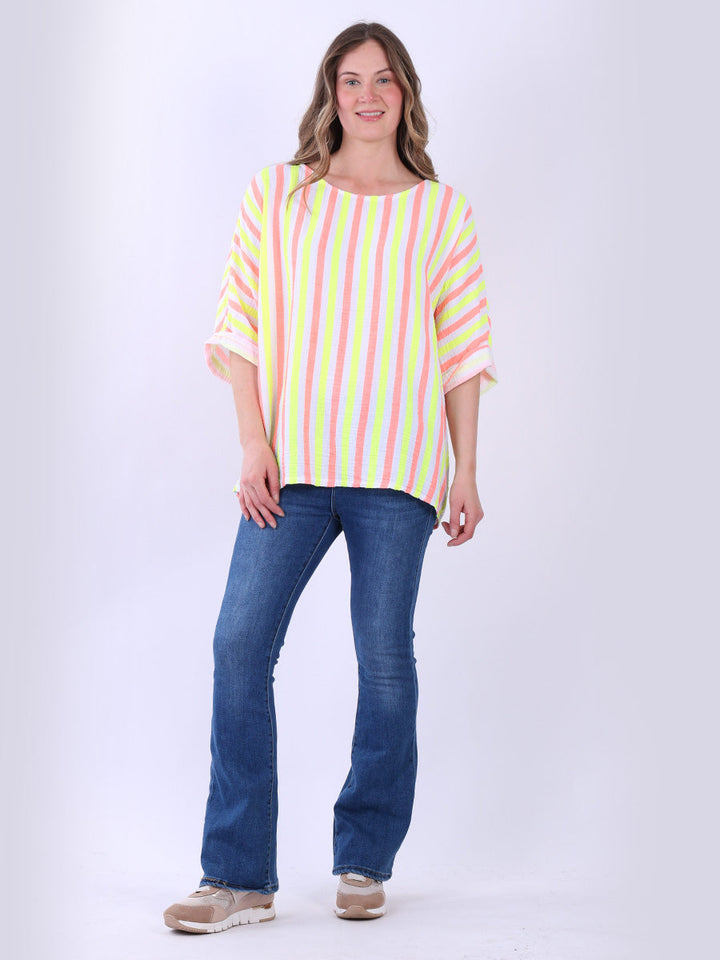 Stripy Print Cotton Top Coral