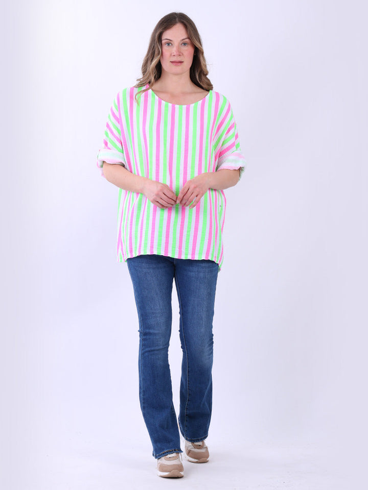 Stripy Print Cotton Top Fuchsia