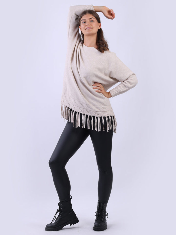 Knitted Fringe Tunic Jumper Beige