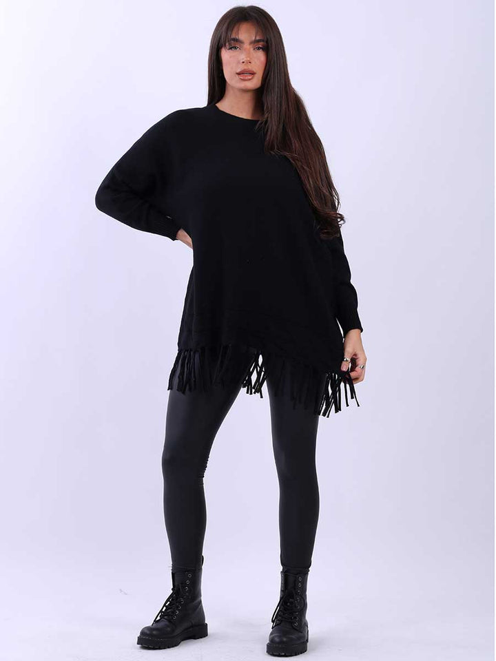 Knitted Fringe Tunic Jumper Black
