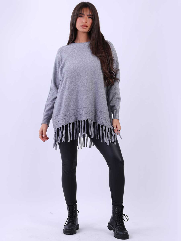 Knitted Fringe Tunic Jumper Dark Grey