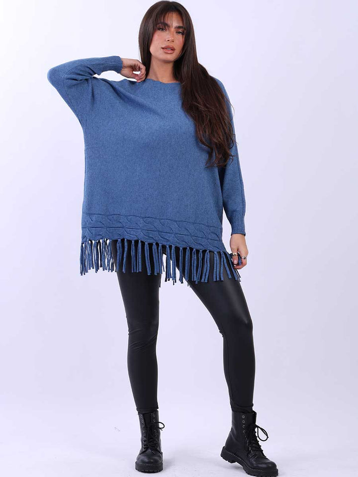 Knitted Fringe Tunic Jumper Denim