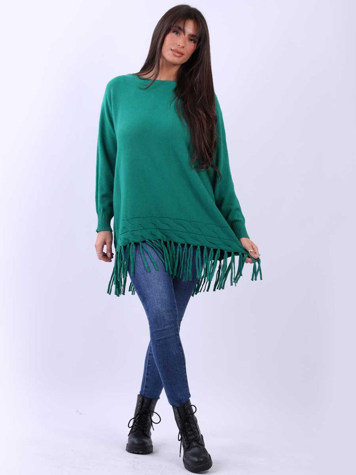 Knitted Fringe Tunic Jumper Green